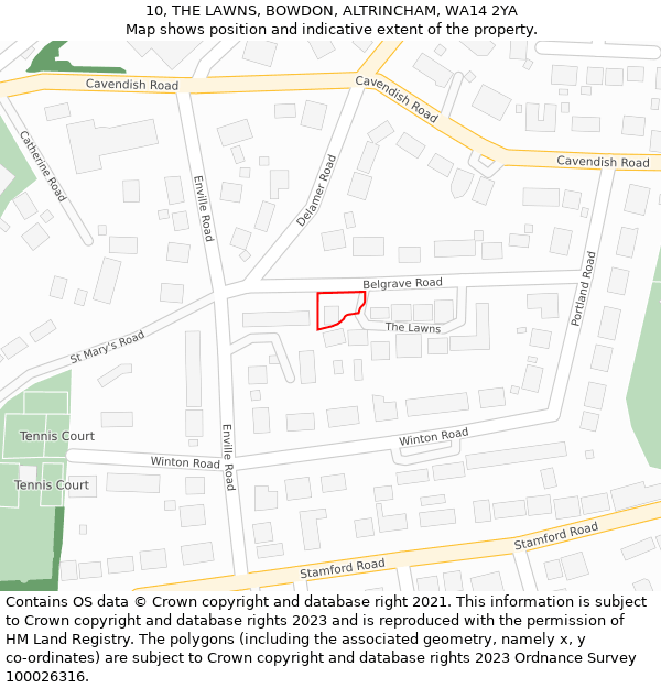 10, THE LAWNS, BOWDON, ALTRINCHAM, WA14 2YA: Location map and indicative extent of plot