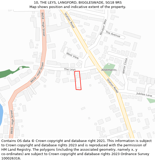 10, THE LEYS, LANGFORD, BIGGLESWADE, SG18 9RS: Location map and indicative extent of plot