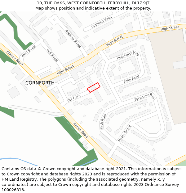 10, THE OAKS, WEST CORNFORTH, FERRYHILL, DL17 9JT: Location map and indicative extent of plot