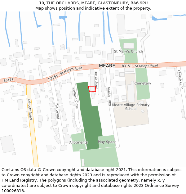 10, THE ORCHARDS, MEARE, GLASTONBURY, BA6 9PU: Location map and indicative extent of plot