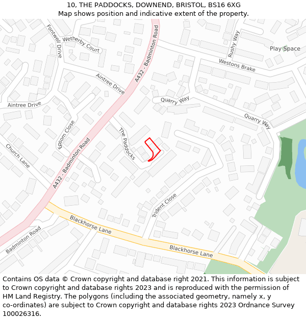 10, THE PADDOCKS, DOWNEND, BRISTOL, BS16 6XG: Location map and indicative extent of plot