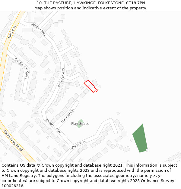 10, THE PASTURE, HAWKINGE, FOLKESTONE, CT18 7PN: Location map and indicative extent of plot