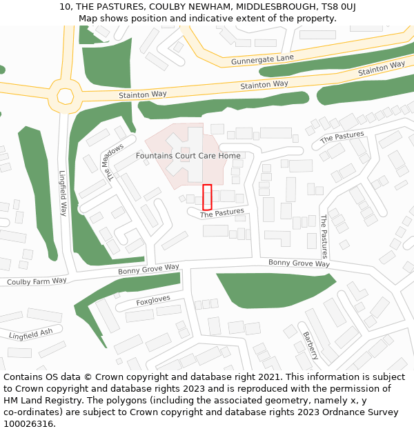 10, THE PASTURES, COULBY NEWHAM, MIDDLESBROUGH, TS8 0UJ: Location map and indicative extent of plot