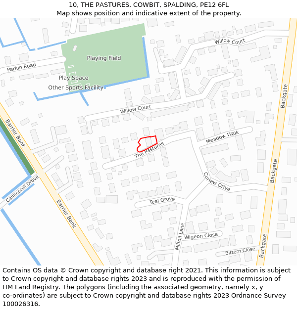 10, THE PASTURES, COWBIT, SPALDING, PE12 6FL: Location map and indicative extent of plot