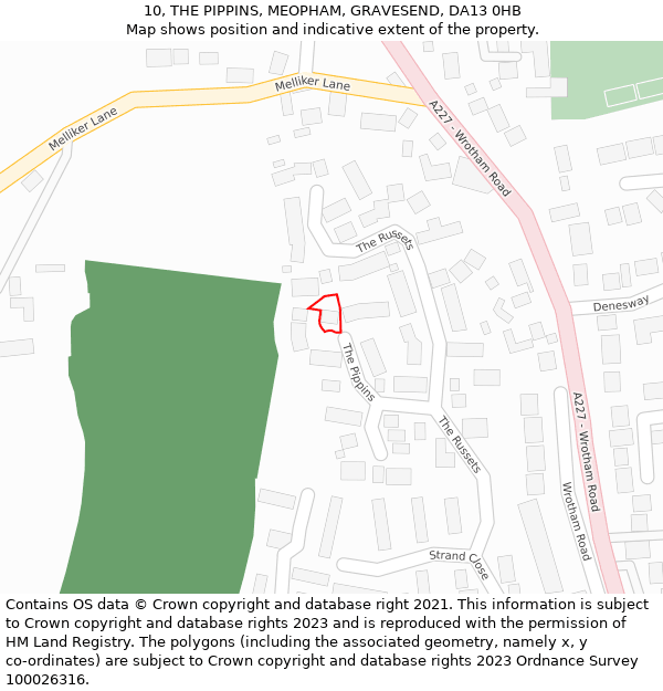 10, THE PIPPINS, MEOPHAM, GRAVESEND, DA13 0HB: Location map and indicative extent of plot