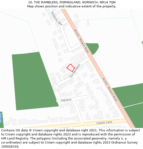 10, THE RAMBLERS, PORINGLAND, NORWICH, NR14 7QN: Location map and indicative extent of plot