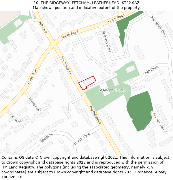 10, THE RIDGEWAY, FETCHAM, LEATHERHEAD, KT22 9AZ: Location map and indicative extent of plot