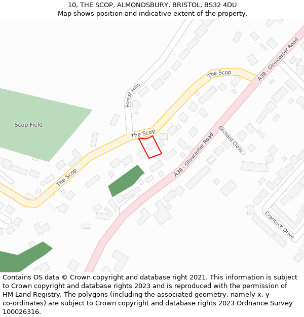 10, THE SCOP, ALMONDSBURY, BRISTOL, BS32 4DU: Location map and indicative extent of plot