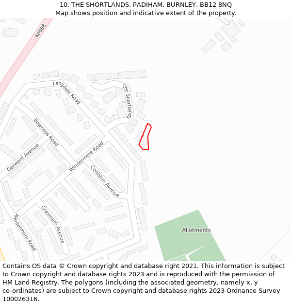 10, THE SHORTLANDS, PADIHAM, BURNLEY, BB12 8NQ: Location map and indicative extent of plot