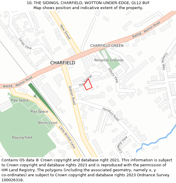 10, THE SIDINGS, CHARFIELD, WOTTON-UNDER-EDGE, GL12 8UF: Location map and indicative extent of plot