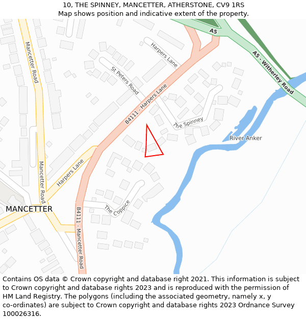 10, THE SPINNEY, MANCETTER, ATHERSTONE, CV9 1RS: Location map and indicative extent of plot