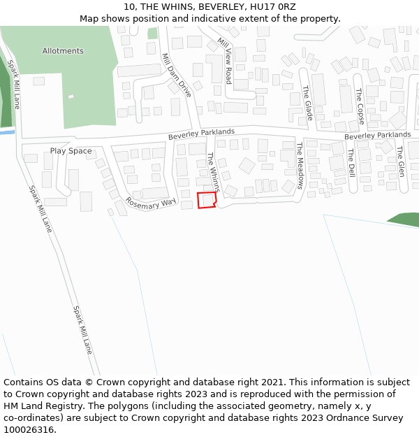 10, THE WHINS, BEVERLEY, HU17 0RZ: Location map and indicative extent of plot