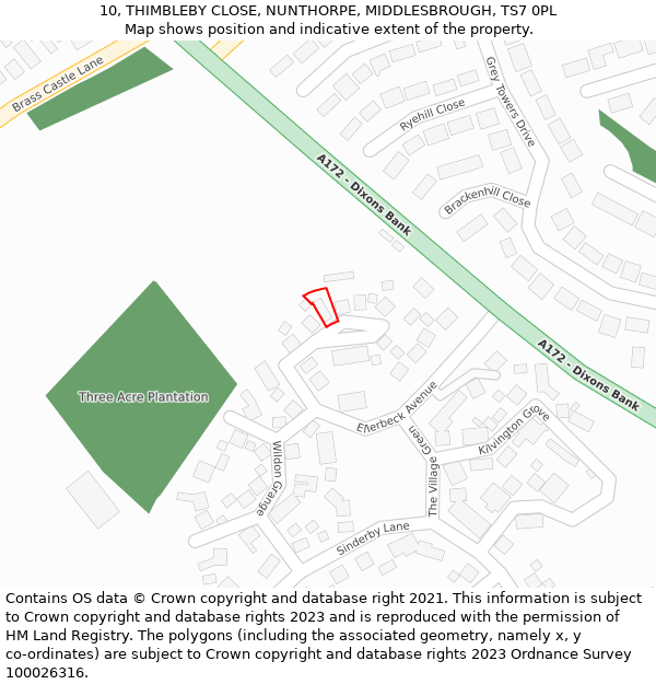10, THIMBLEBY CLOSE, NUNTHORPE, MIDDLESBROUGH, TS7 0PL: Location map and indicative extent of plot
