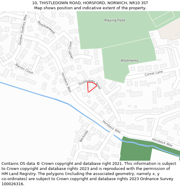 10, THISTLEDOWN ROAD, HORSFORD, NORWICH, NR10 3ST: Location map and indicative extent of plot