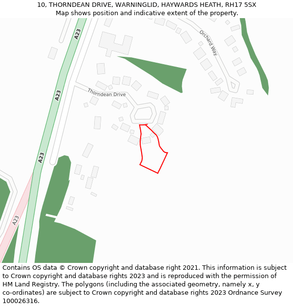 10, THORNDEAN DRIVE, WARNINGLID, HAYWARDS HEATH, RH17 5SX: Location map and indicative extent of plot