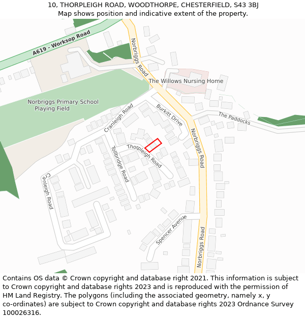 10, THORPLEIGH ROAD, WOODTHORPE, CHESTERFIELD, S43 3BJ: Location map and indicative extent of plot