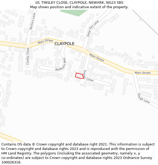 10, TINSLEY CLOSE, CLAYPOLE, NEWARK, NG23 5BS: Location map and indicative extent of plot