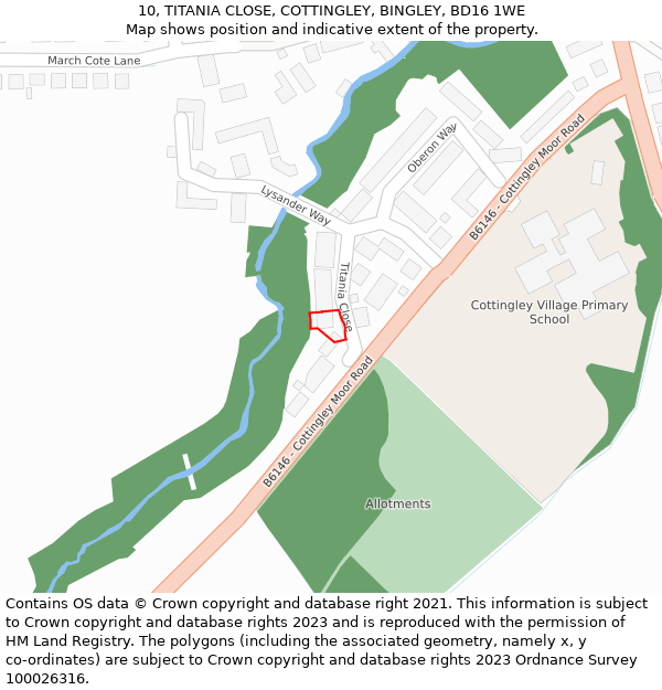 10, TITANIA CLOSE, COTTINGLEY, BINGLEY, BD16 1WE: Location map and indicative extent of plot