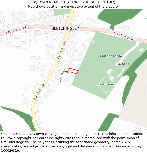 10, TOWN MEAD, BLETCHINGLEY, REDHILL, RH1 4LQ: Location map and indicative extent of plot