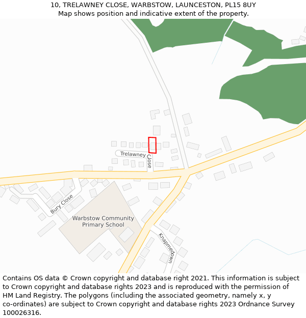 10, TRELAWNEY CLOSE, WARBSTOW, LAUNCESTON, PL15 8UY: Location map and indicative extent of plot