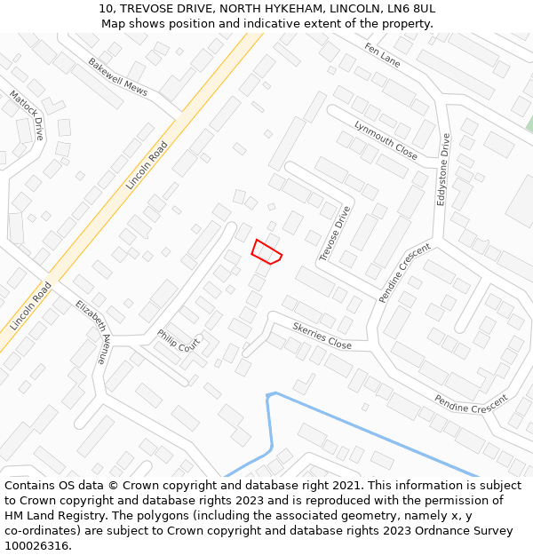 10, TREVOSE DRIVE, NORTH HYKEHAM, LINCOLN, LN6 8UL: Location map and indicative extent of plot