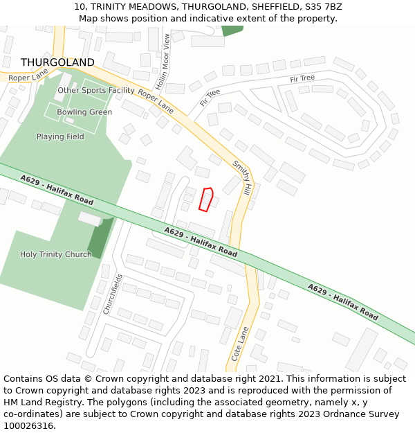 10, TRINITY MEADOWS, THURGOLAND, SHEFFIELD, S35 7BZ: Location map and indicative extent of plot