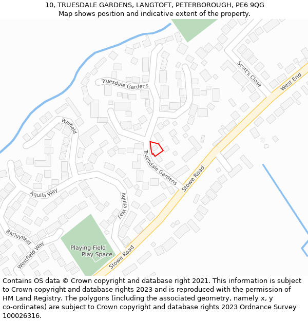 10, TRUESDALE GARDENS, LANGTOFT, PETERBOROUGH, PE6 9QG: Location map and indicative extent of plot