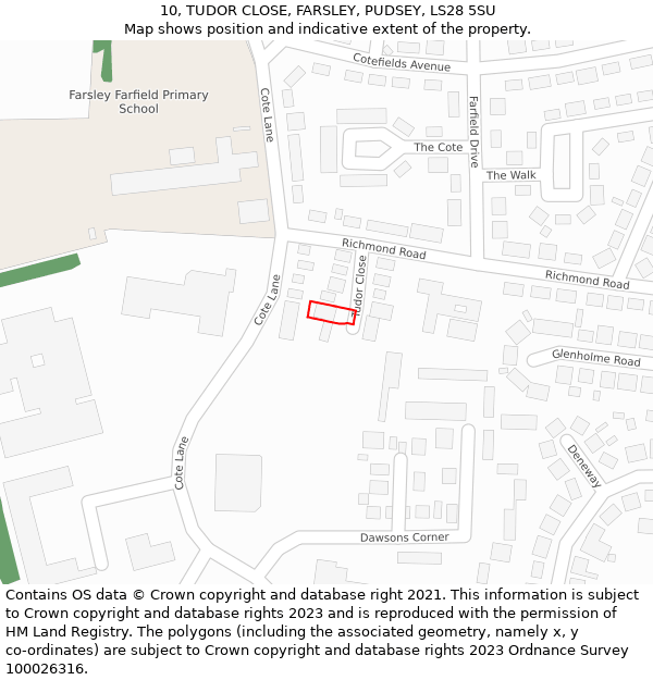 10, TUDOR CLOSE, FARSLEY, PUDSEY, LS28 5SU: Location map and indicative extent of plot