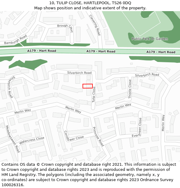 10, TULIP CLOSE, HARTLEPOOL, TS26 0DQ: Location map and indicative extent of plot