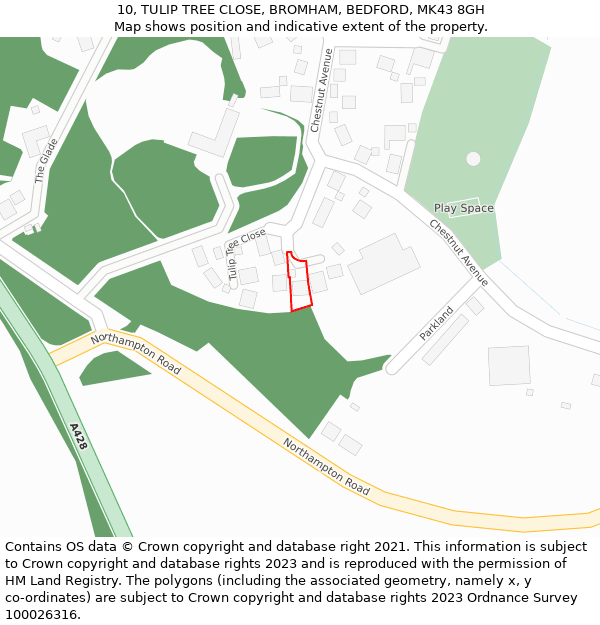 10, TULIP TREE CLOSE, BROMHAM, BEDFORD, MK43 8GH: Location map and indicative extent of plot