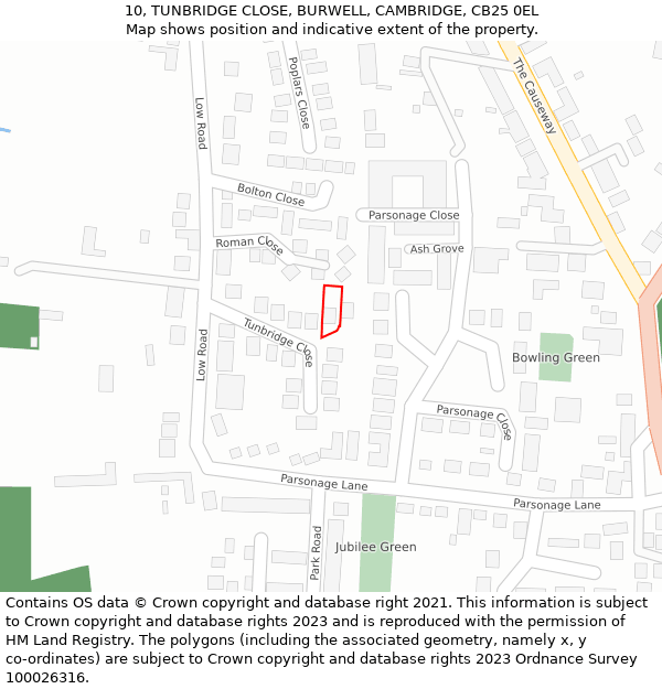 10, TUNBRIDGE CLOSE, BURWELL, CAMBRIDGE, CB25 0EL: Location map and indicative extent of plot