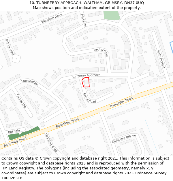 10, TURNBERRY APPROACH, WALTHAM, GRIMSBY, DN37 0UQ: Location map and indicative extent of plot