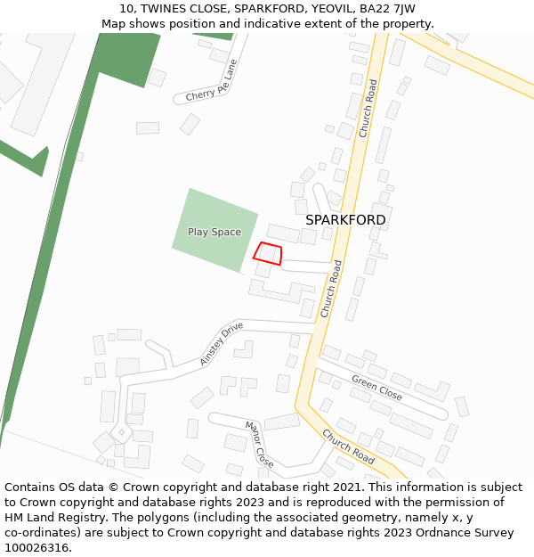 10, TWINES CLOSE, SPARKFORD, YEOVIL, BA22 7JW: Location map and indicative extent of plot