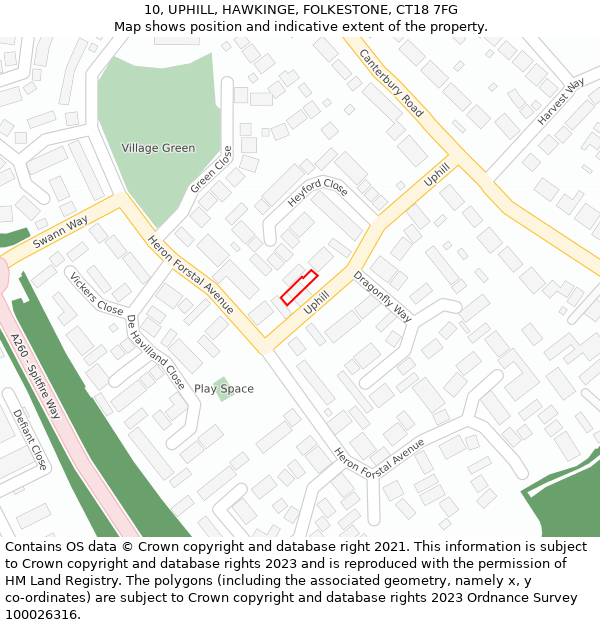 10, UPHILL, HAWKINGE, FOLKESTONE, CT18 7FG: Location map and indicative extent of plot