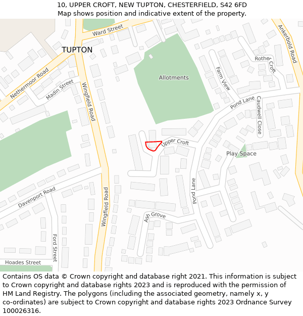 10, UPPER CROFT, NEW TUPTON, CHESTERFIELD, S42 6FD: Location map and indicative extent of plot