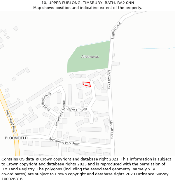 10, UPPER FURLONG, TIMSBURY, BATH, BA2 0NN: Location map and indicative extent of plot