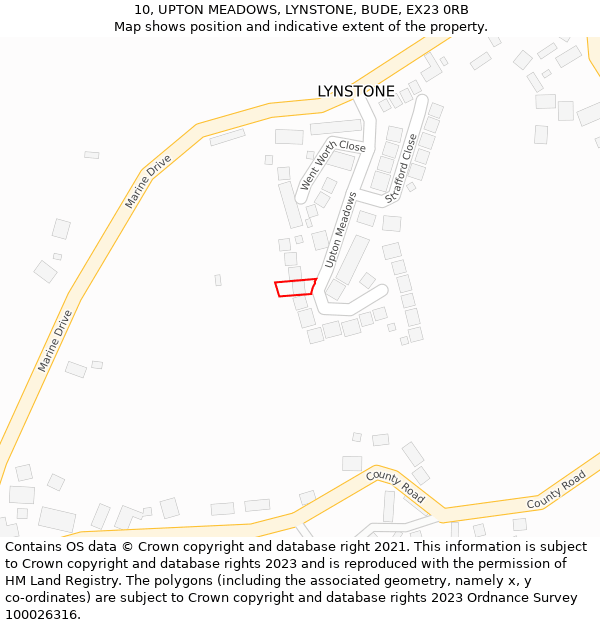 10, UPTON MEADOWS, LYNSTONE, BUDE, EX23 0RB: Location map and indicative extent of plot