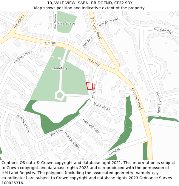 10, VALE VIEW, SARN, BRIDGEND, CF32 9RY: Location map and indicative extent of plot