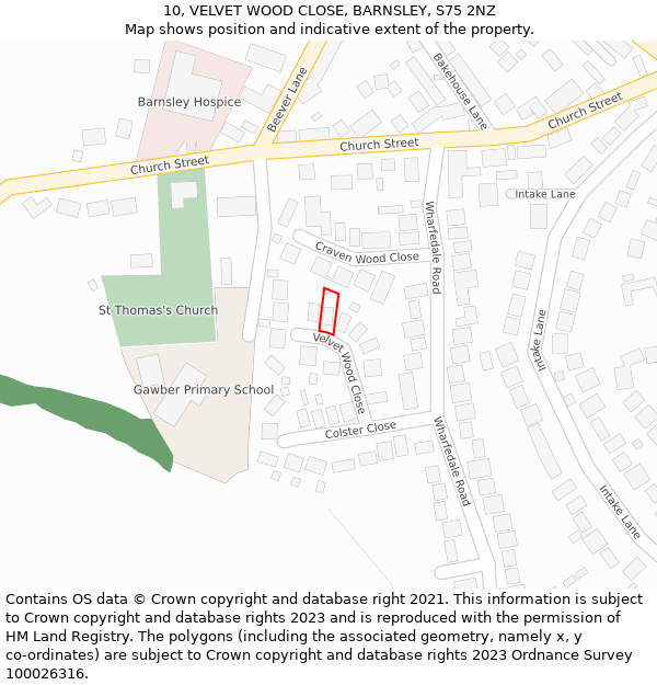 10, VELVET WOOD CLOSE, BARNSLEY, S75 2NZ: Location map and indicative extent of plot