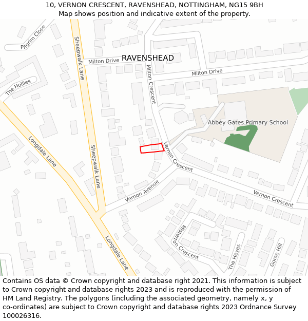10, VERNON CRESCENT, RAVENSHEAD, NOTTINGHAM, NG15 9BH: Location map and indicative extent of plot