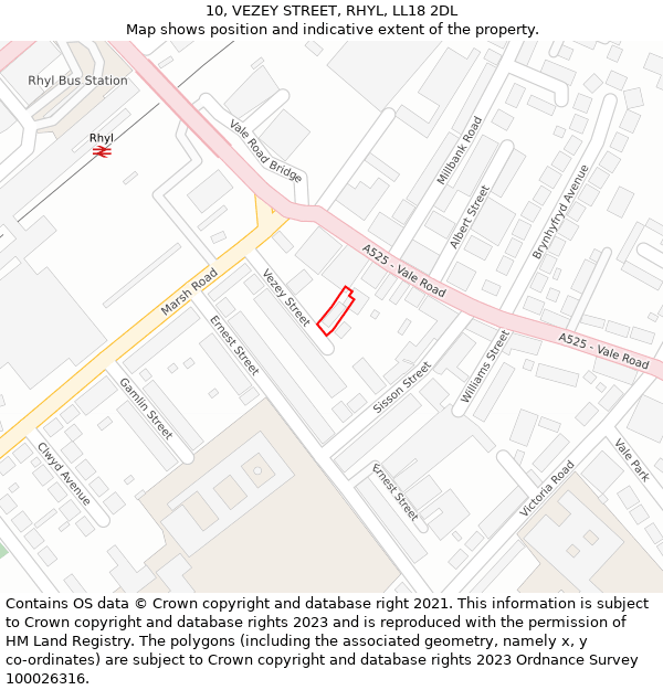 10, VEZEY STREET, RHYL, LL18 2DL: Location map and indicative extent of plot