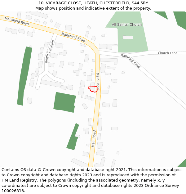 10, VICARAGE CLOSE, HEATH, CHESTERFIELD, S44 5RY: Location map and indicative extent of plot