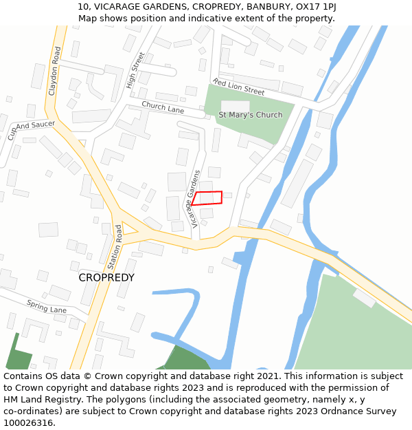 10, VICARAGE GARDENS, CROPREDY, BANBURY, OX17 1PJ: Location map and indicative extent of plot