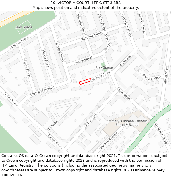 10, VICTORIA COURT, LEEK, ST13 8BS: Location map and indicative extent of plot