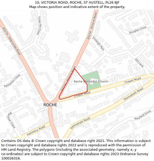 10, VICTORIA ROAD, ROCHE, ST AUSTELL, PL26 8JF: Location map and indicative extent of plot