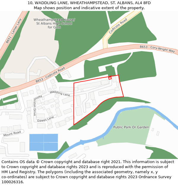 10, WADDLING LANE, WHEATHAMPSTEAD, ST. ALBANS, AL4 8FD: Location map and indicative extent of plot