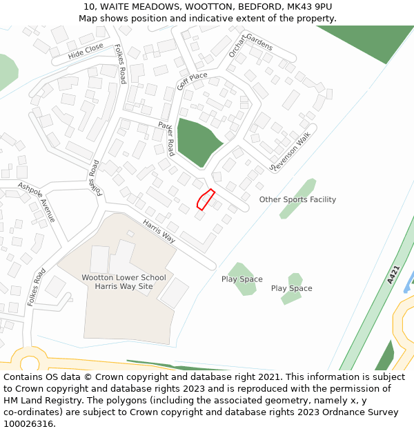 10, WAITE MEADOWS, WOOTTON, BEDFORD, MK43 9PU: Location map and indicative extent of plot