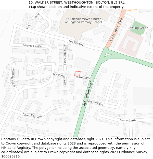 10, WALKER STREET, WESTHOUGHTON, BOLTON, BL5 3RL: Location map and indicative extent of plot