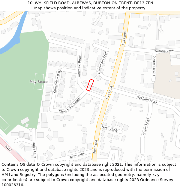 10, WALKFIELD ROAD, ALREWAS, BURTON-ON-TRENT, DE13 7EN: Location map and indicative extent of plot