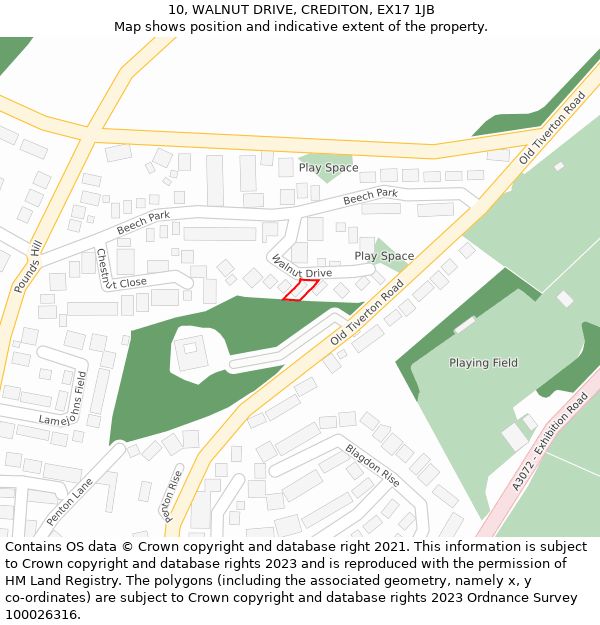 10, WALNUT DRIVE, CREDITON, EX17 1JB: Location map and indicative extent of plot